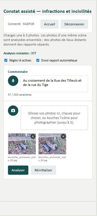 Écran de départ : chargement des photos et saisie du commentaire