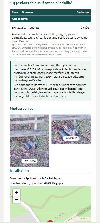 Suggestion d'incivilité, observations de l'agent et photographies