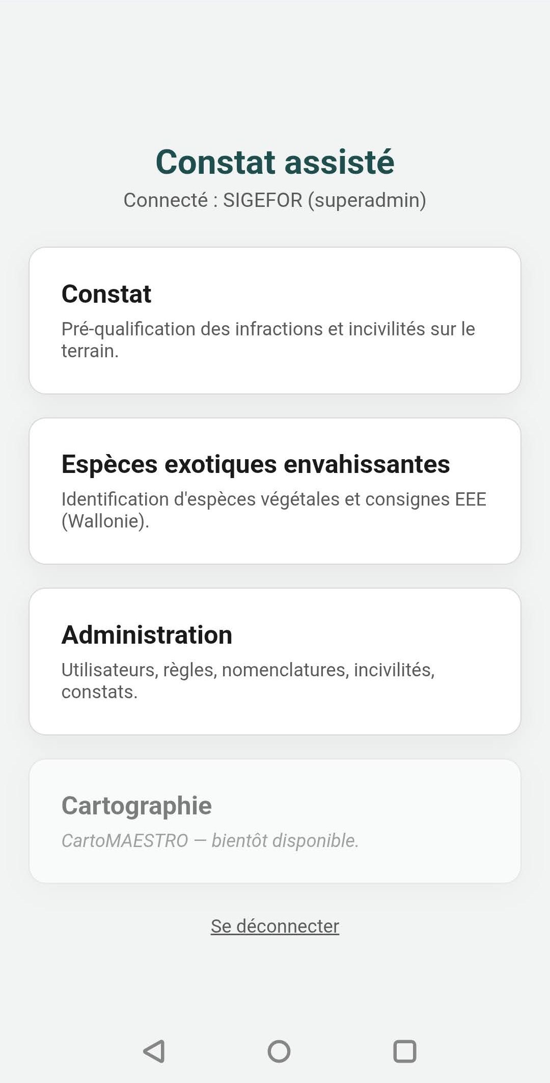 Écran d'accueil : choix du module Espèces exotiques envahissantes